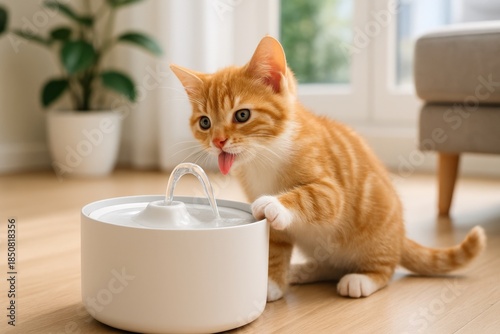 Curious kitten drinking from a modern water fountain in a bright living room during the afternoon