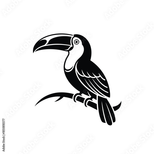 A striking black and white illustration of a toucan perched on a branch