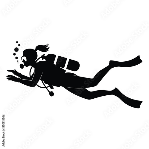 Silhouette of a female scuba diver swimming underwater with bubbles
