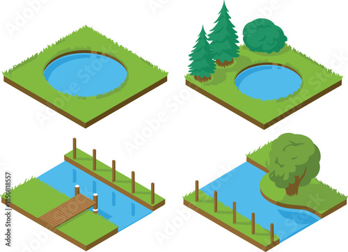 Isometric landscape tiles with water ponds rivers trees and bridge for nature map design flat vector illustration se