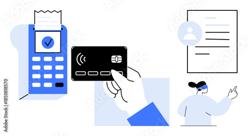 Digital transactions, business processes, payment systems, finance, identity verification, secure transactions. Hand holding credit card, payment terminal and digital profile document. Digital