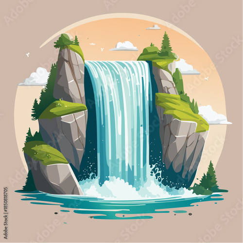Cartoon illustration of a waterfall cascading between two rocky cliffs into a pool of water.