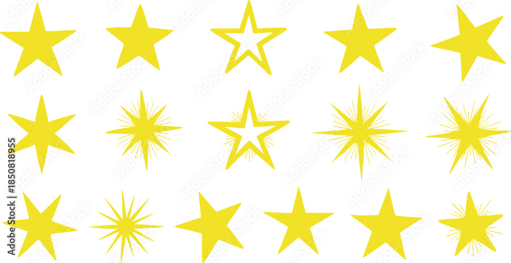 Obraz premium Yellow Star Icon Collection Set Featuring Various Hand Drawn Sparkles Twinkles and Shining Celestial Shapes for Festive Graphic Design Projects