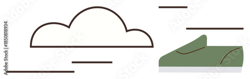 Green running shoe with streamlined design and motion streaks alongside a cloud symbolizing speed, energy, fitness, goals, progress, activity, and minimalism. Ideal for sports concepts, progress