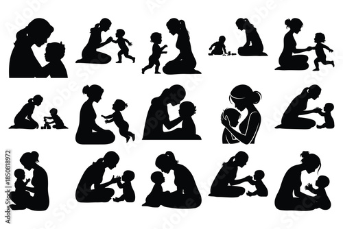Silhouettes of mothers and children interacting in various poses