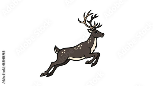 A brown deer with white spots and large antlers running to the right on a white background in a dynamic cartoon style with bold lines and vibrant colors