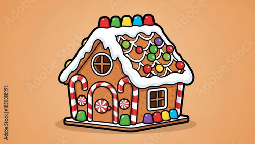 Colorful gingerbread house with candy canes and sweets on a plain background for christmas