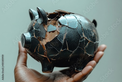 Black hand holding a broken piggy bank on a bright background, representing the concept of financial loss or repair, Generative AI