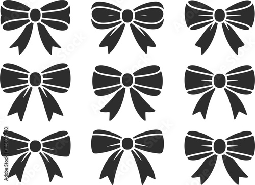 Minimalist black ribbon bow silhouette set with nine decorative bow icons for gifts packaging branding and graphic design