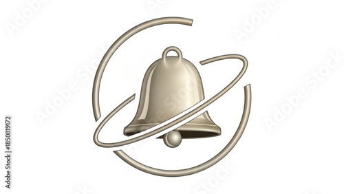 Golden bell with orbiting ring on white background, notification symbol, alert icon, shiny metal bell with sphere, circular design element, modern alert system, sleek