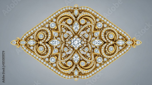 Intricate gold brooch with diamonds on gray background, luxurious jewelry piece with clear gemstones and ornate design, elegant accessory
