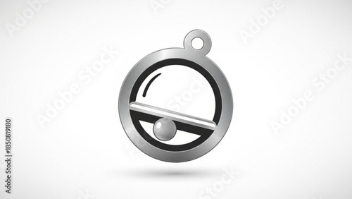 Silver metal toggle fastener pendant with circular design and small loop on white background