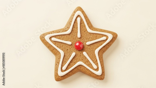 Delicious star shaped gingerbread cookie with white icing and red candy on top isolated on cream background for christmas