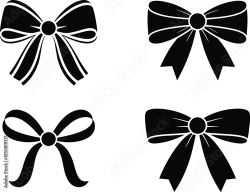 Minimalist black ribbon bow silhouette set with nine decorative bow icons for gifts packaging branding and graphic design