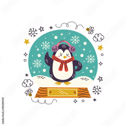 Cute Cartoon Penguin Wearing Hat And Scarf On Sled.