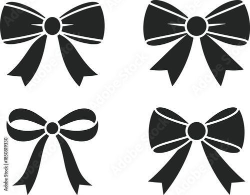 Minimalist black ribbon bow silhouette set with nine decorative bow icons for gifts packaging branding and graphic design