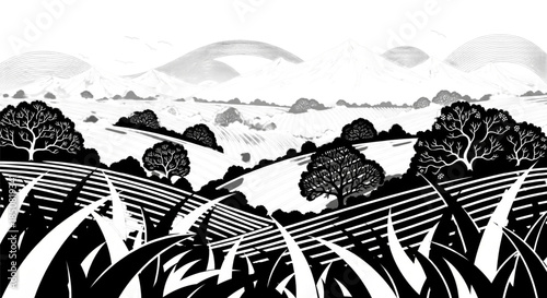 Black and White Woodcut Farmland Landscape Rolling Hills Agriculture Crops Rural Scene