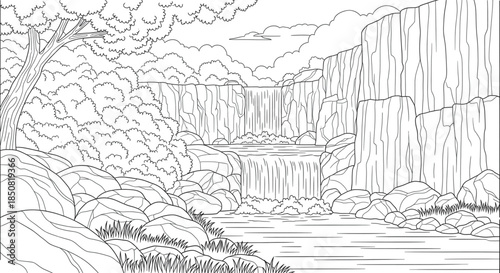 Detailed Waterfall Landscape Line Drawing Cliffs Rocks River Nature Scene Coloring Page Illustration Wilderness Environment