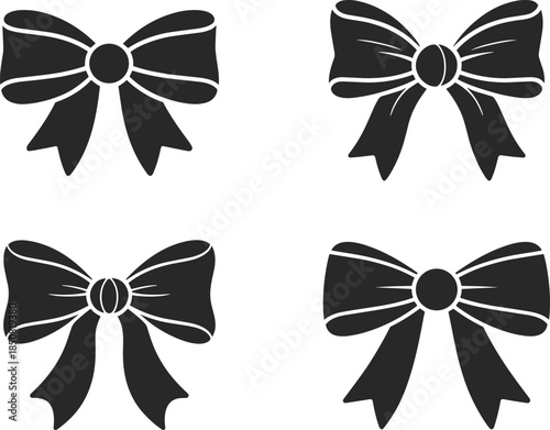 Minimalist black ribbon bow silhouette set with nine decorative bow icons for gifts packaging branding and graphic design