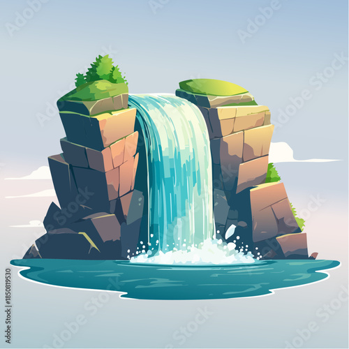 Cartoon illustration of a waterfall cascading over rocky cliffs into a pool of water.