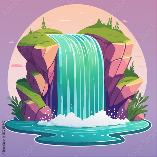 Cartoon waterfall cascading between rocky cliffs into a pool of water.