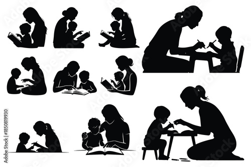 Silhouettes of adults and children reading and writing together