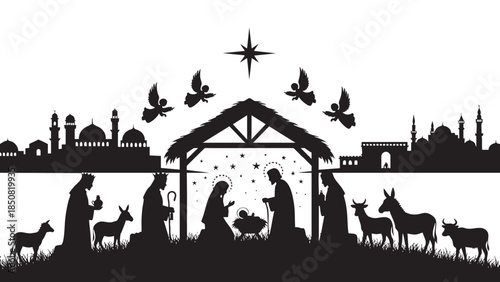 Classic nativity scene silhouette with animals and cityscape in the background