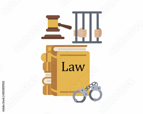 Law and Justice Concepts Illustrated Gavel, Jail, and Handcuffs