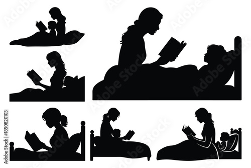Silhouettes of people reading books in bed nighttime