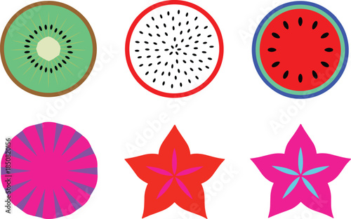 Flat minimalist fruit slice icons set with kiwi dragon fruit watermelon pineapple and star shapes colorful vector illustration
