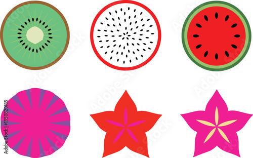 Flat minimalist fruit slice icons set with kiwi dragon fruit watermelon pineapple and star shapes colorful vector illustration