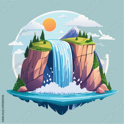 Cartoon illustration of a waterfall cascading from a cliff into a pool of water.