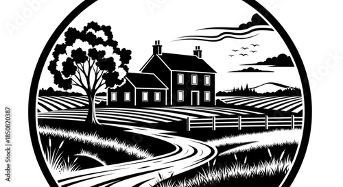 Rustic Farmhouse Landscape Woodcut Illustration Black and White Vintage Countryside Logo Design Agriculture Heritage.
