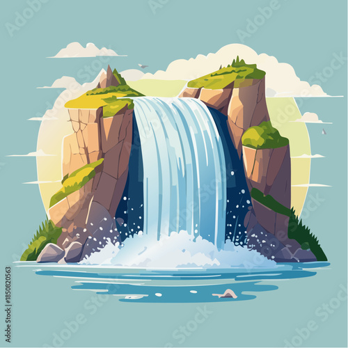 Cartoon illustration of a waterfall cascading from rocky cliffs into a pool of water.