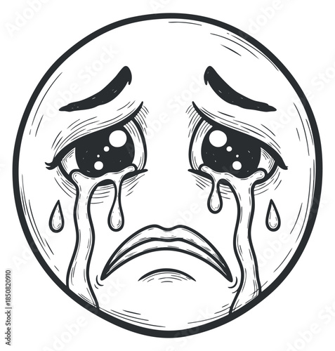 A crying face illustration with tears in black and white outline vector style, ideal for emotional expression graphics