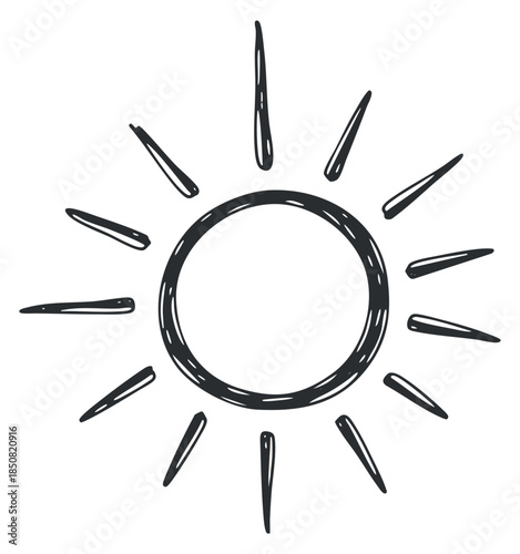 A hand-drawn sun illustration with rays in black outline vector style, suitable for weather-related designs
