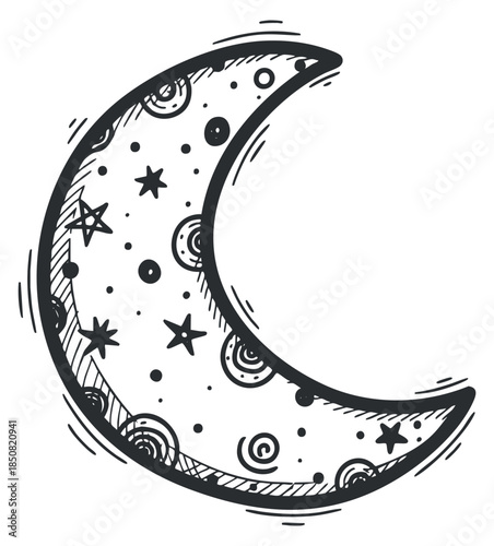 A whimsical moon with stars and swirls in hand-drawn black and white vector style, perfect for decorative designs and nighttime themes