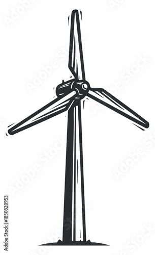 A wind turbine with three blades in a clean black and white minimalist vector style, suitable for renewable energy projects