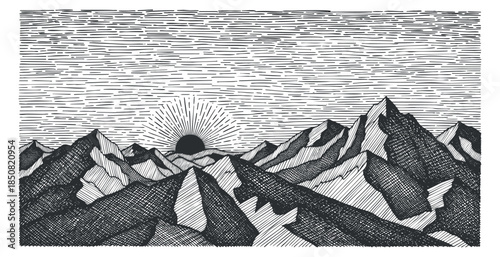 A stylized landscape of mountains at sunrise in black and white line art vector style, ideal for outdoor adventure themes