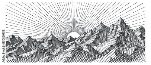 A hand-drawn landscape of mountains with a rising sun and rays in black and white minimalist vector style, suitable for outdoor-themed designs