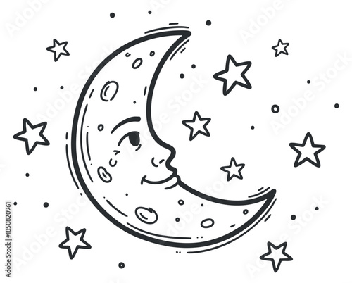 A smiling moon with stars in a whimsical outline vector style, perfect for children's room decor and dreamy designs