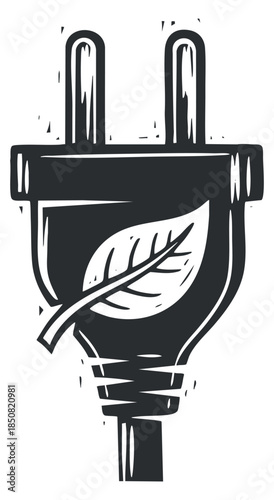 A power plug with a leaf integrated into the design in black and white minimalist vector style, ideal for sustainability themes