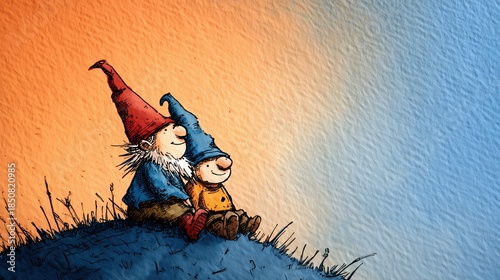 Deux gnomes assis contemplent ensemble un coucher de soleil coloré