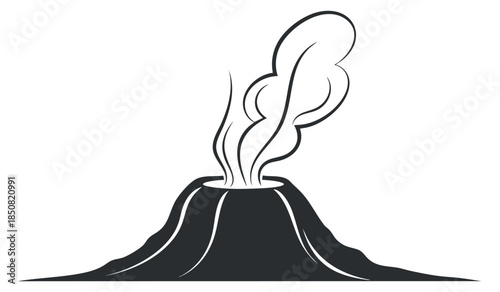 A stylized volcano with erupting smoke in black and white outline vector style, suitable for educational materials and environmental themes