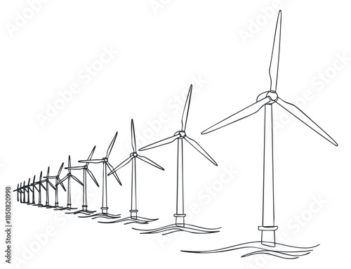 A set of wind turbines in a minimalist outline vector style, ideal for renewable energy projects and environmental themes