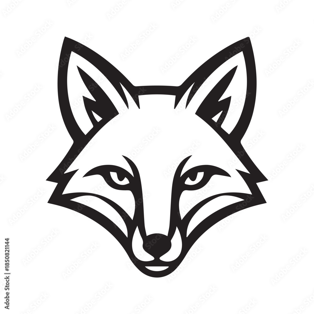 Obraz premium stylized fox head logo and emblem design, clever wild animal symbol, black and white illustration, cunning canine graphic Fox head silhouette, tribal art, clever animal, cunning predator, monochrome l