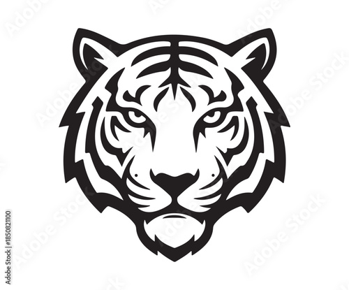stylized tiger head logo and emblem design, fierce wild animal symbol, black and white graphic, predatory big cat illustration Tiger head silhouette, tribal art, fierce predator, powerful animal, mono