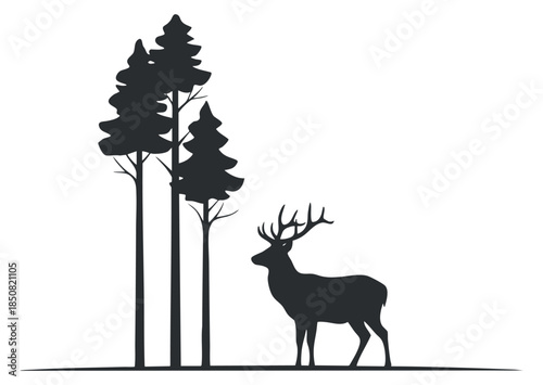 A silhouette of a deer standing beside tall pine trees in minimalist black and white vector style, perfect for nature-themed projects