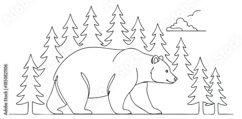 A large bear walking through a forest of trees in a minimalist outline vector style, suitable for nature-themed designs