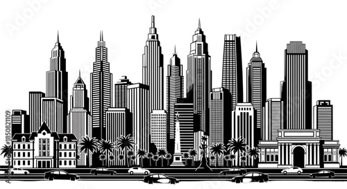 Metropolitan Financial District Skyline Illustration Black and White Urban Architecture Graphic Design